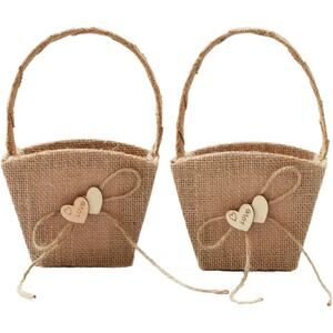 2PCS Burlap Wedding Flower Girl Basket Double Love Heart and Bowknot for Vint...